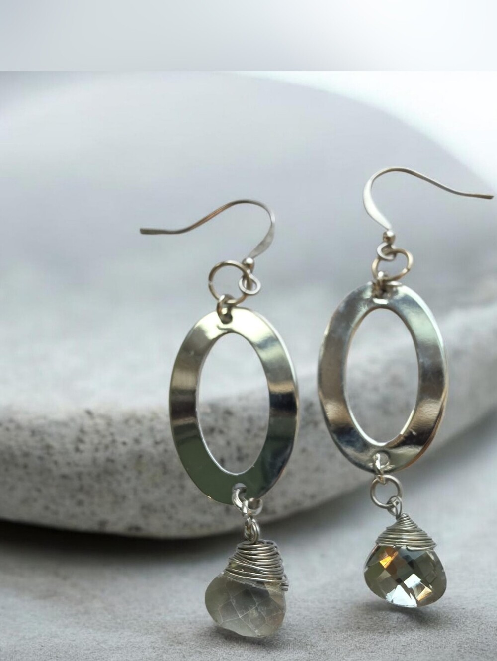 Teardrop silver plated ovals with a faceted smokey quartz dangle earrings
